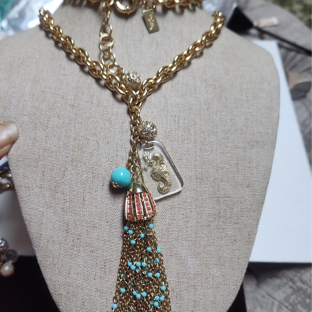 Lilly Pulitzer Gold Seahorse Tassel Statement Necklace Turquoise Coral Nautical - Picture 10 of 16
